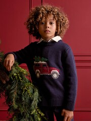 Joules Kids' Cracking Navy Blue Intarsia Knitted Festive Jumper - Image 1 of 6