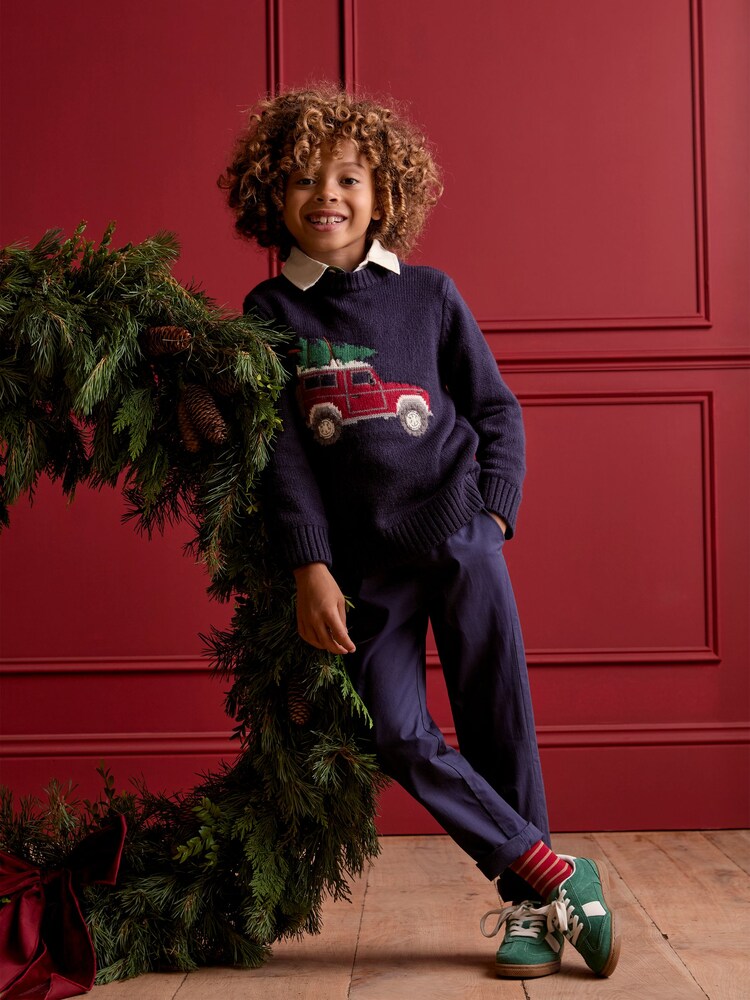 Joules Kids' Cracking Navy Blue Intarsia Knitted Festive Jumper - Image 2 of 6