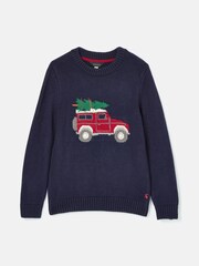 Joules Kids' Cracking Navy Blue Intarsia Knitted Festive Jumper - Image 3 of 6