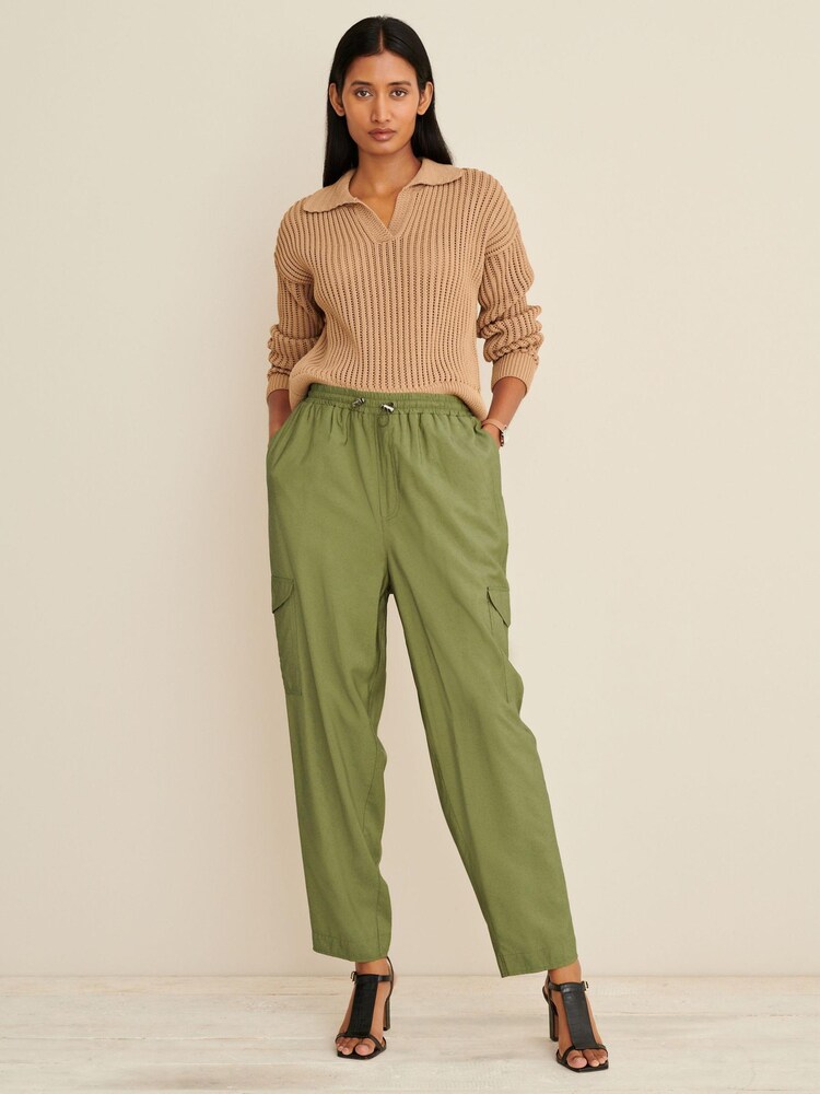 Khaki Green Cargo Trousers With Elasticated Drawstring - Image 1 of 4