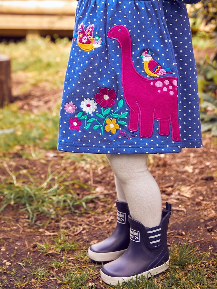 JoJo Maman Bébé Cobalt Blue Dino Appliqué Button Front Dress - Image 2 of 5