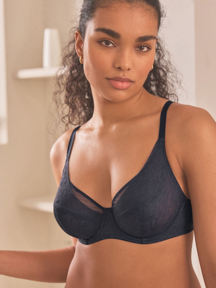 Navy Blue DD+ Non Pad Plunge Floral Selvedge Lace Bra - Image 1 of 7