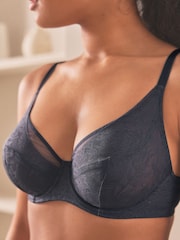 Navy Blue DD+ Non Pad Plunge Floral Selvedge Lace Bra - Image 5 of 7