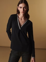 Black Premium Long Sleeve Contrast V-Neck Top - Image 1 of 10