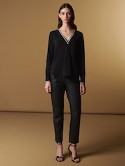 Black Premium Long Sleeve Contrast V-Neck Top - Image 3 of 10