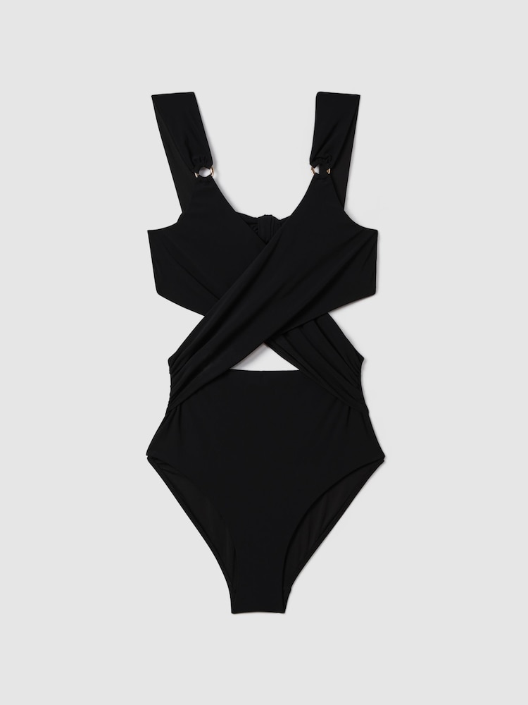 Reiss Black Chrissie Cross Front Cut-Out Swimsuit - Image 2 of 6