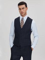 Reiss Navy Klink Wool Check Single Breasted Slim Fit Waistcoat - Image 1 of 6