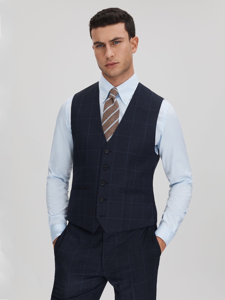Reiss Navy Klink Wool Check Single Breasted Slim Fit Waistcoat - Image 1 of 6