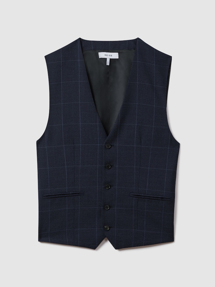Reiss Navy Klink Wool Check Single Breasted Slim Fit Waistcoat - Image 2 of 6