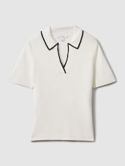 Reiss Ivory/Black Seleena Linen Blend Open Collar Polo Shirt - Image 2 of 4