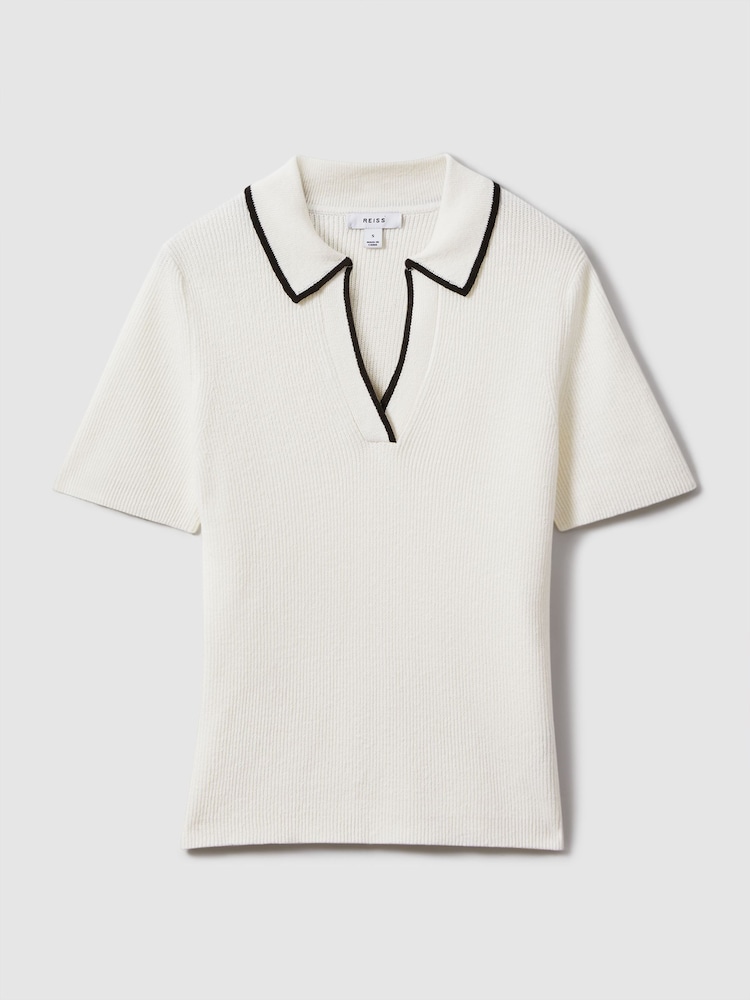 Reiss Ivory/Black Seleena Linen Blend Open Collar Polo Shirt - Image 2 of 4