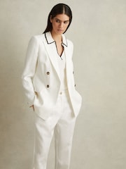 Reiss Ivory/Black Seleena Linen Blend Open Collar Polo Shirt - Image 3 of 4