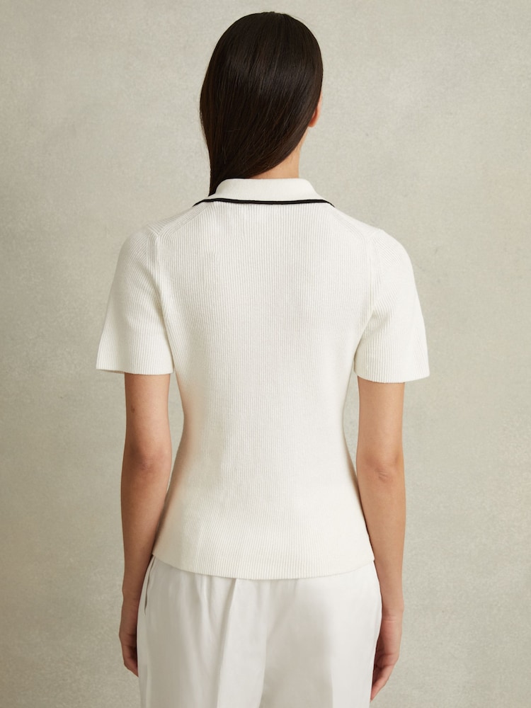 Reiss Ivory/Black Seleena Linen Blend Open Collar Polo Shirt - Image 4 of 4