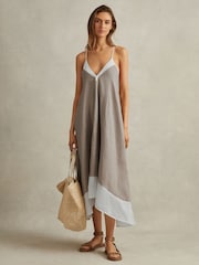 Reiss Ivory/Taupe Stevie Linen Colourblock Cross-Back Midi Dress - Image 1 of 5