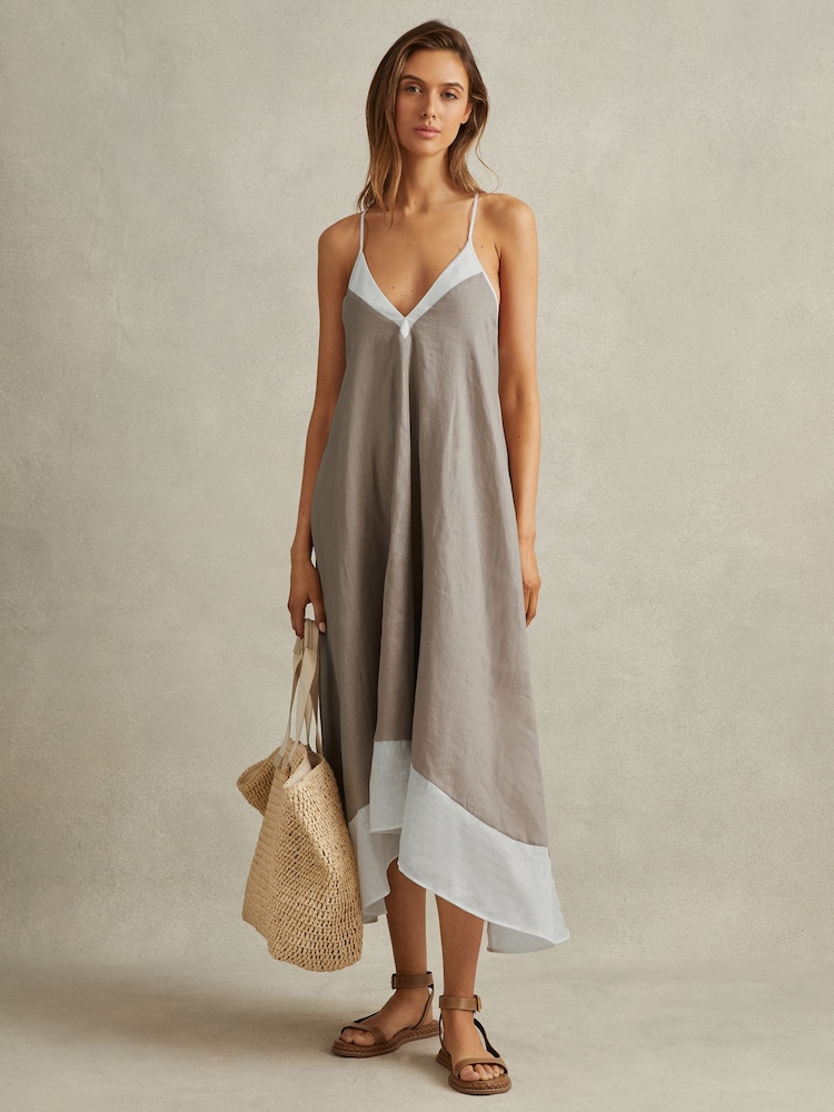 Reiss Ivory/Taupe Stevie Linen Colourblock Cross-Back Midi Dress - Image 1 of 5