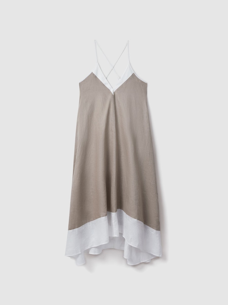 Reiss Ivory/Taupe Stevie Linen Colourblock Cross-Back Midi Dress - Image 2 of 5