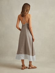 Reiss Ivory/Taupe Stevie Linen Colourblock Cross-Back Midi Dress - Image 4 of 5