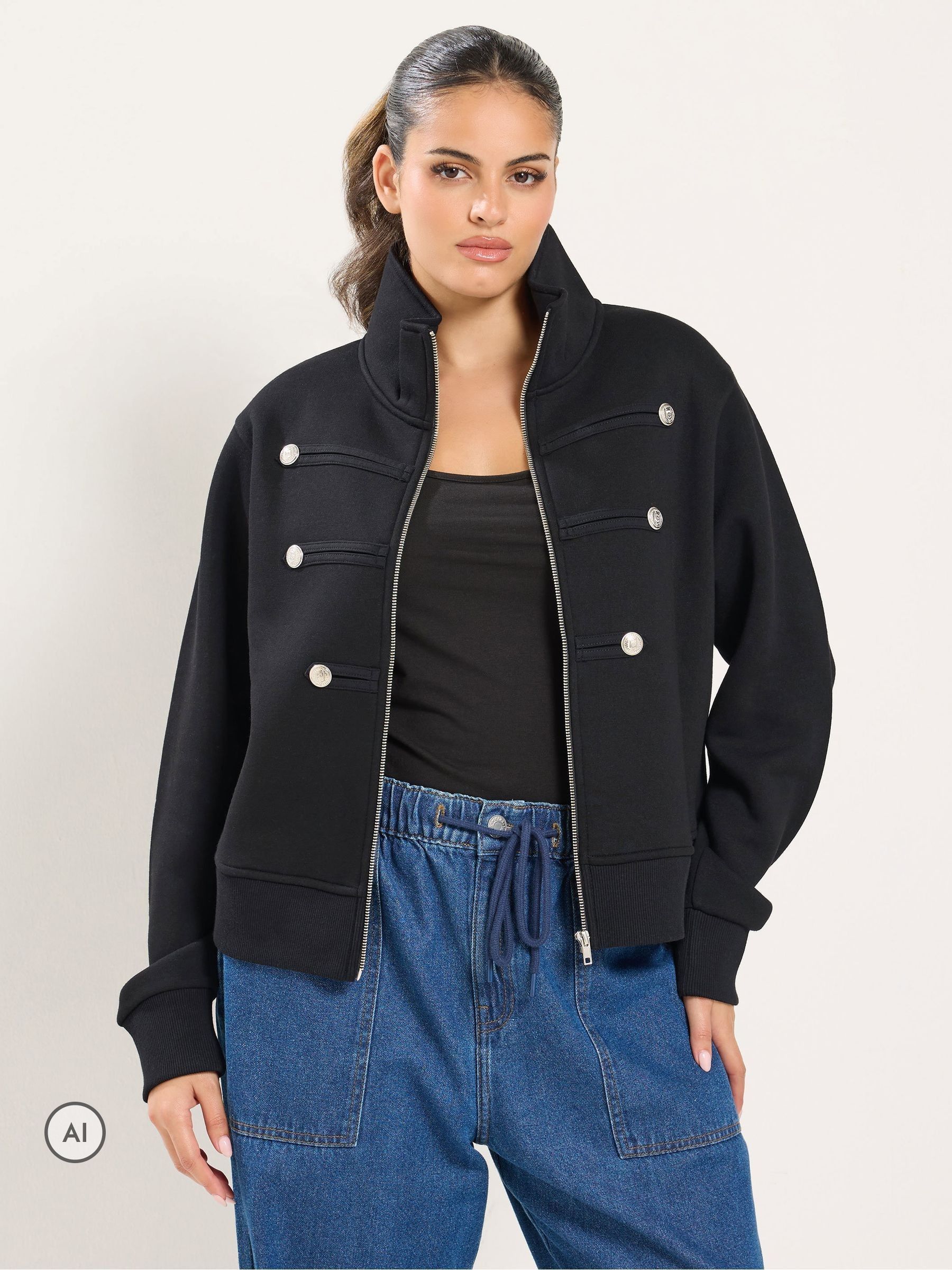 Yours Curve Women's Black Military Button Jacket - Image 1