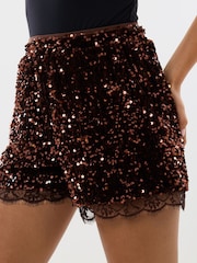 Threadbare Brown Sequin Shorts with Lace Trim - Image 4 of 4