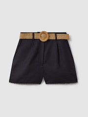 Reiss Navy Belle Linen Belted Shorts - Image 2 of 6