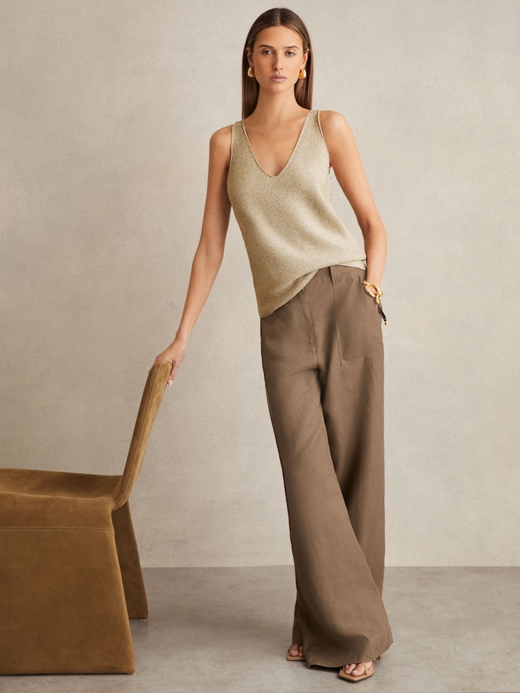 Reiss Gold Mika Metallic V-Neck Vest - Image 1 of 6