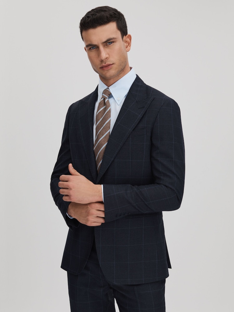 Reiss Navy Klink Wool Check Single Breasted Slim Fit Blazer - Image 1 of 7