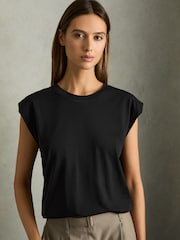 Reiss Black Morgan Cotton Capped Sleeve T-Shirt - Image 1 of 6