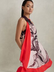 Reiss Ivory/Burgundy Rosa Printed Ruche Neck Shift Dress - Image 1 of 6