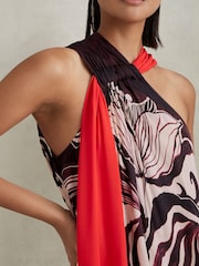 Reiss Ivory/Burgundy Rosa Printed Ruche Neck Shift Dress - Image 3 of 6