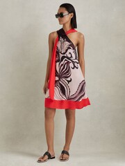 Reiss Ivory/Burgundy Rosa Printed Ruche Neck Shift Dress - Image 4 of 6