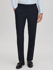 Reiss Navy Klink Wool Check Adjuster Slim Fit Trousers - Image 1 of 6