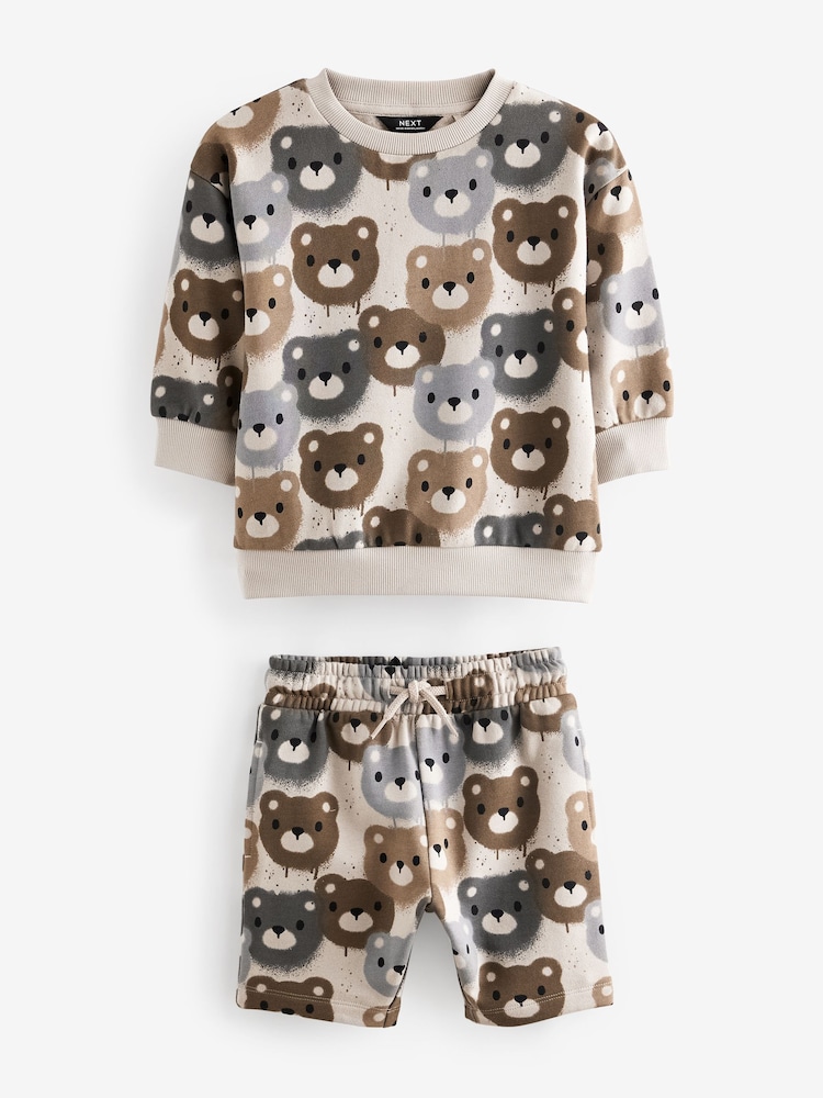 Neutral Drippy Bear Jersey 100% Cotton Crew Neck Sweatshirt and Short Set (3mths-7yrs) - Image 3 of 5