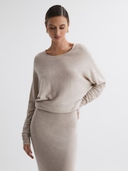 Reiss Neutral Leila Petite Wool Blend Ruched Sleeve Midi Dress - Image 1 of 6