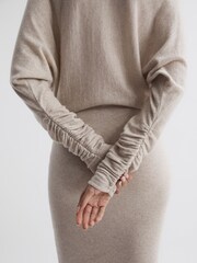 Reiss Neutral Leila Petite Wool Blend Ruched Sleeve Midi Dress - Image 4 of 6