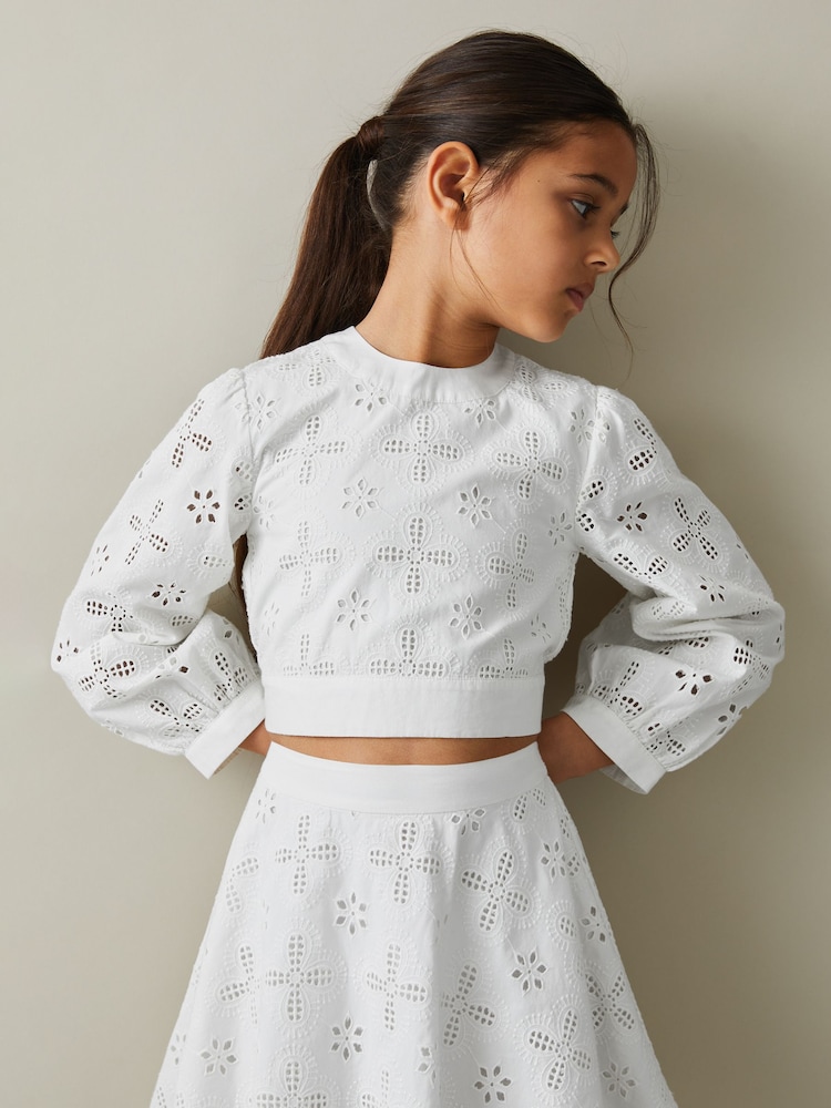 Reiss Ivory Nella 9-13 yrs Cotton Broderie Lace Bow Back Top - Image 1 of 6