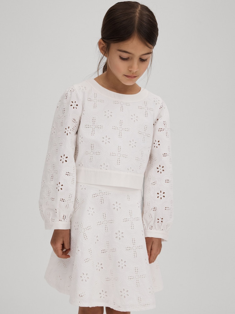 Reiss Ivory Nella 9-13 yrs Cotton Broderie Lace Bow Back Top - Image 6 of 6