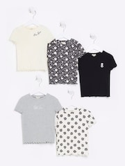 River Island Black Mini Girls 100% Cotton Black Mono T-Shirts 5 Pack - Image 1 of 3