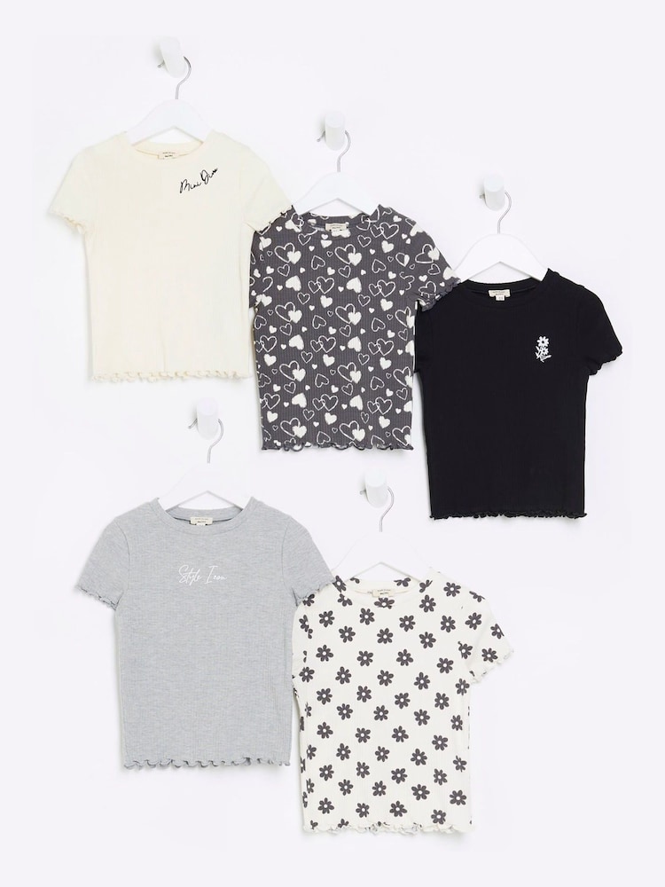 River Island Black Mini Girls 100% Cotton Black Mono T-Shirts 5 Pack - Image 1 of 3