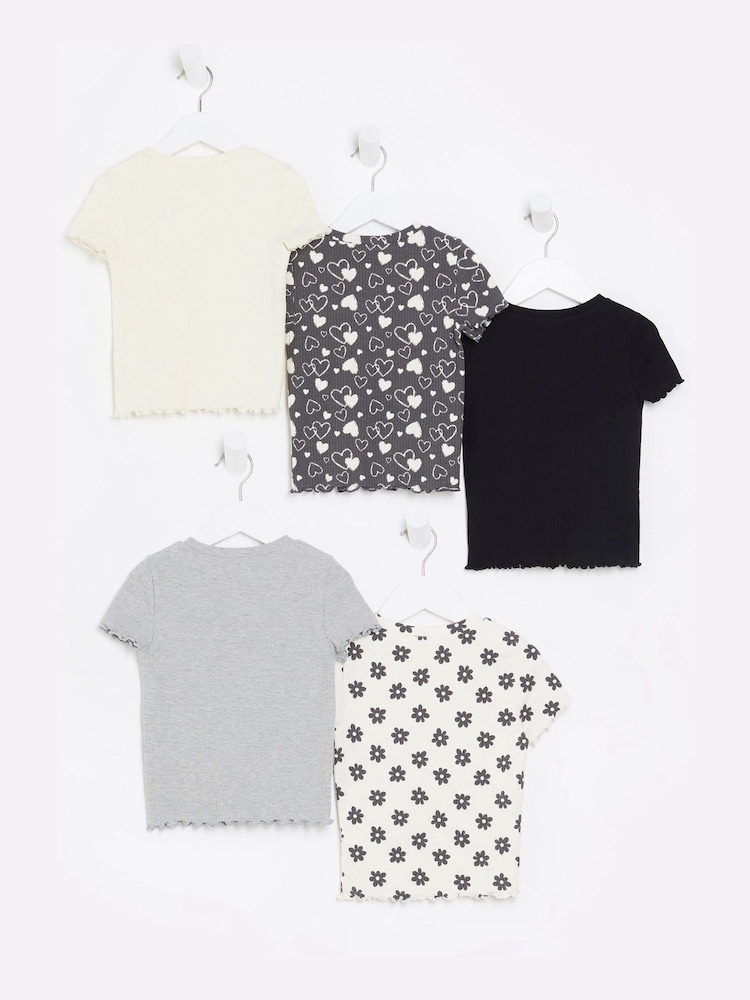 River Island Black Mini Girls 100% Cotton Black Mono T-Shirts 5 Pack - Image 2 of 3