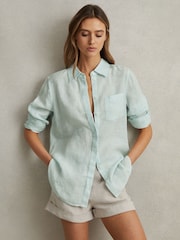 Reiss Aqua Belle 100% Linen Button-Through Shirt - Image 1 of 6