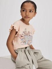 Reiss Pink Saskia 4-9 yrs Ruffle Sleeve Cropped Motif T-Shirt - Image 4 of 6