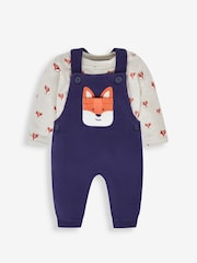 JoJo Maman Bébé Navy Blue Fox Boys' Sausage Dog Appliqué Pocket Dungarees & Top Set - Image 1 of 6