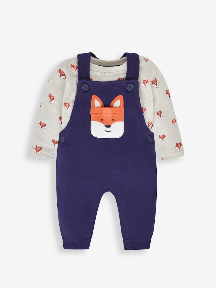 JoJo Maman Bébé Navy Blue Fox Boys' Sausage Dog Appliqué Pocket Dungarees & Top Set - Image 1 of 6