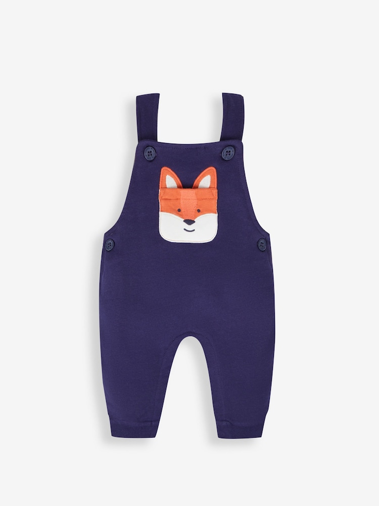 JoJo Maman Bébé Navy Blue Fox Boys' Sausage Dog Appliqué Pocket Dungarees & Top Set - Image 2 of 6