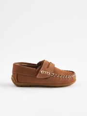 Tan Brown Standard Fit (F) Leather Penny Loafers with Touch and Close Fastening - Image 3 of 7