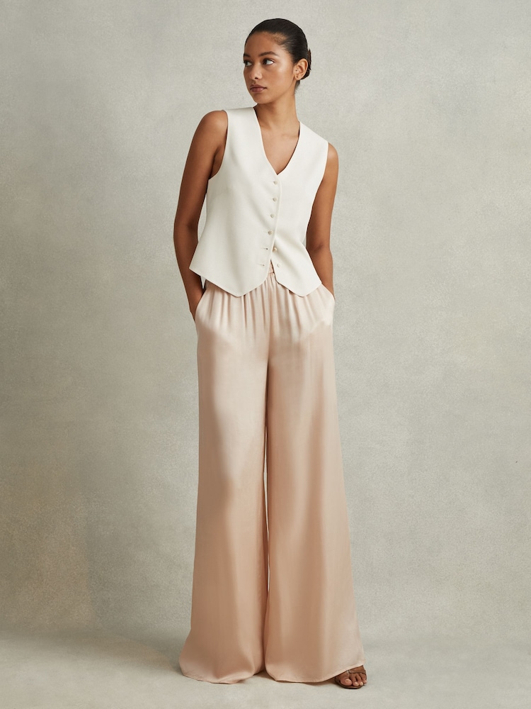 Reiss Champagne Yara Petite Satin Elasticated Waist Wide Leg Trousers - Image 1 of 6