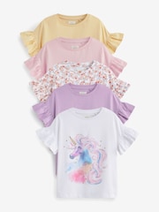 Pink/Lilac Purple 5 Pack Unicorn Frill Sleeve T-Shirts (3-16yrs) - Image 1 of 7