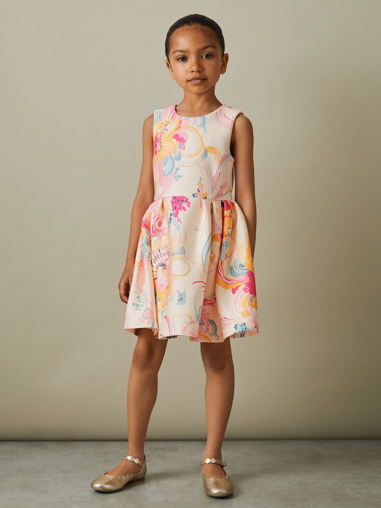 Reiss Pink Print Trinny 9-13 yrs Pleated Scuba Dress - Image 1 of 5