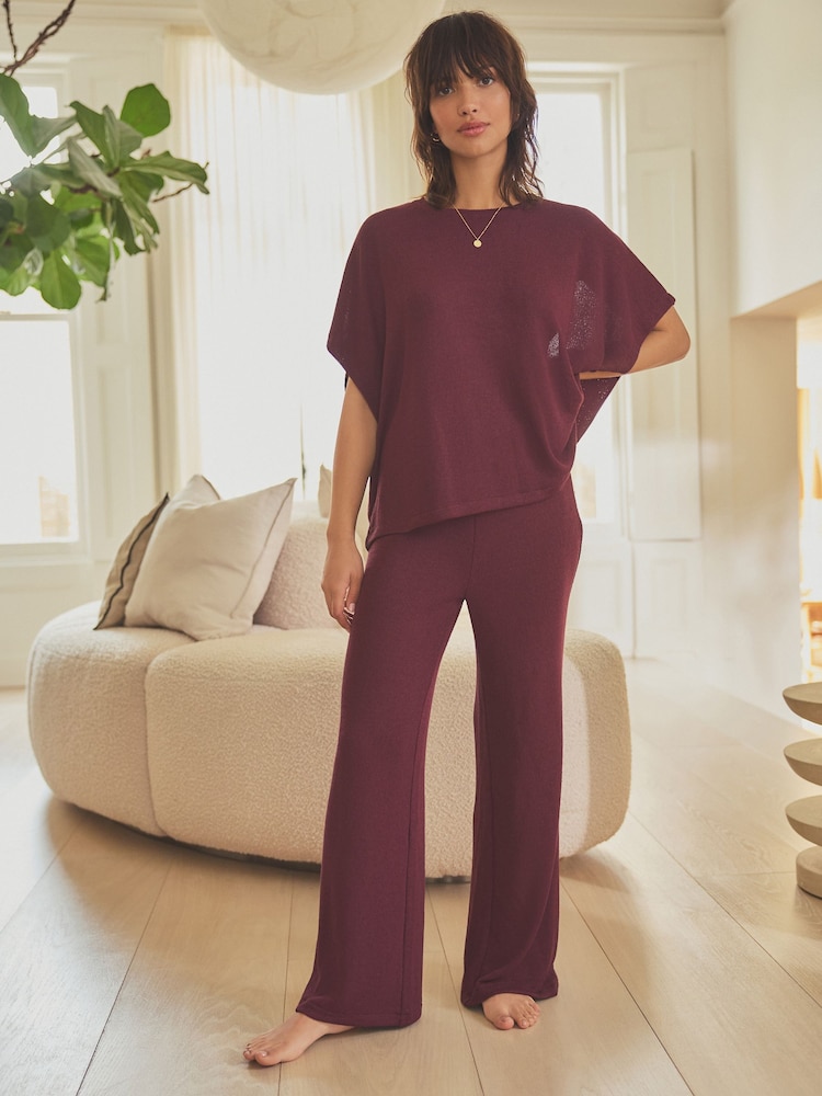 Burgundy Red Knitted Short Sleeve Lounge Set - Image 1 of 5