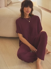 Burgundy Red Knitted Short Sleeve Lounge Set - Image 2 of 5